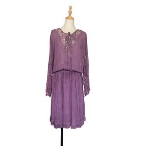 Indigo Thread Co Purple Boho Lace Up Bell Sleeve Dress Plus‎ Size 1X
